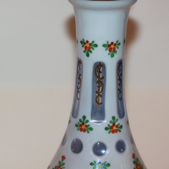 Bohemian Czech Cased White Over Baby Blue Hand Painted Flowers Gold DECANTER - Picture 3 of 9